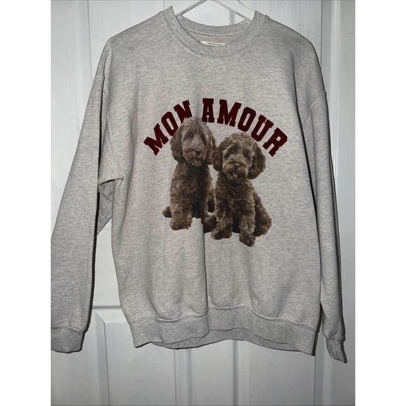 Anthropologie Tops - Anthropologie Mon Amour Dog Graphic Gray/Cream Pullover Sweatshirt Women's Sz S